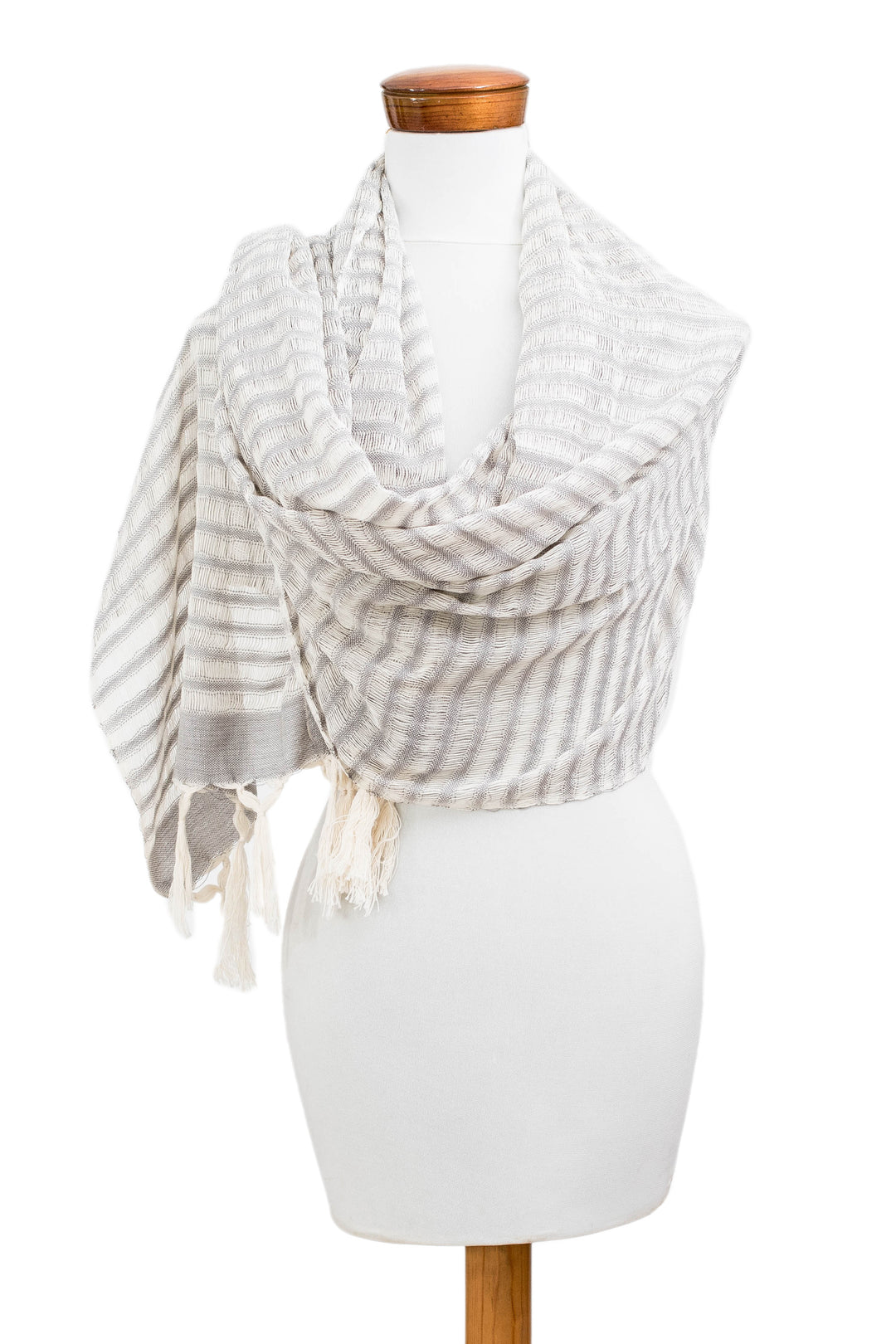 Handwoven Striped Fringed Cotton Scarf in Ivory and Grey - Weaving Elegance