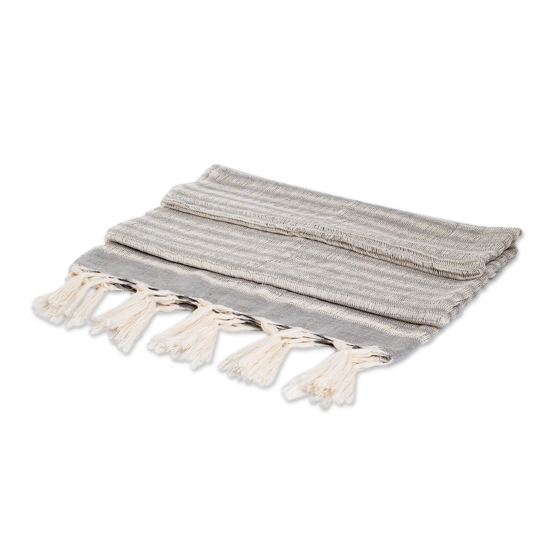 Handwoven Striped Fringed Cotton Scarf in Ivory and Grey - Weaving Elegance