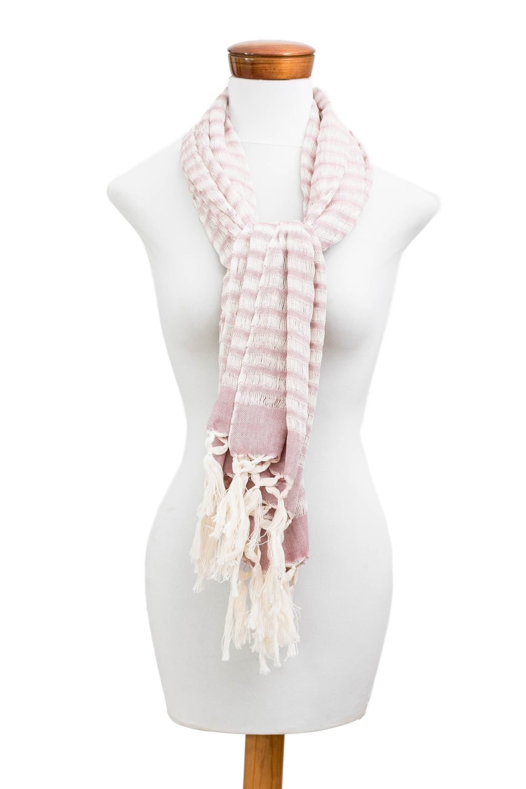 Handloomed Striped Fringed Cotton Scarf in Ivory and Pink - Weaving Glamour