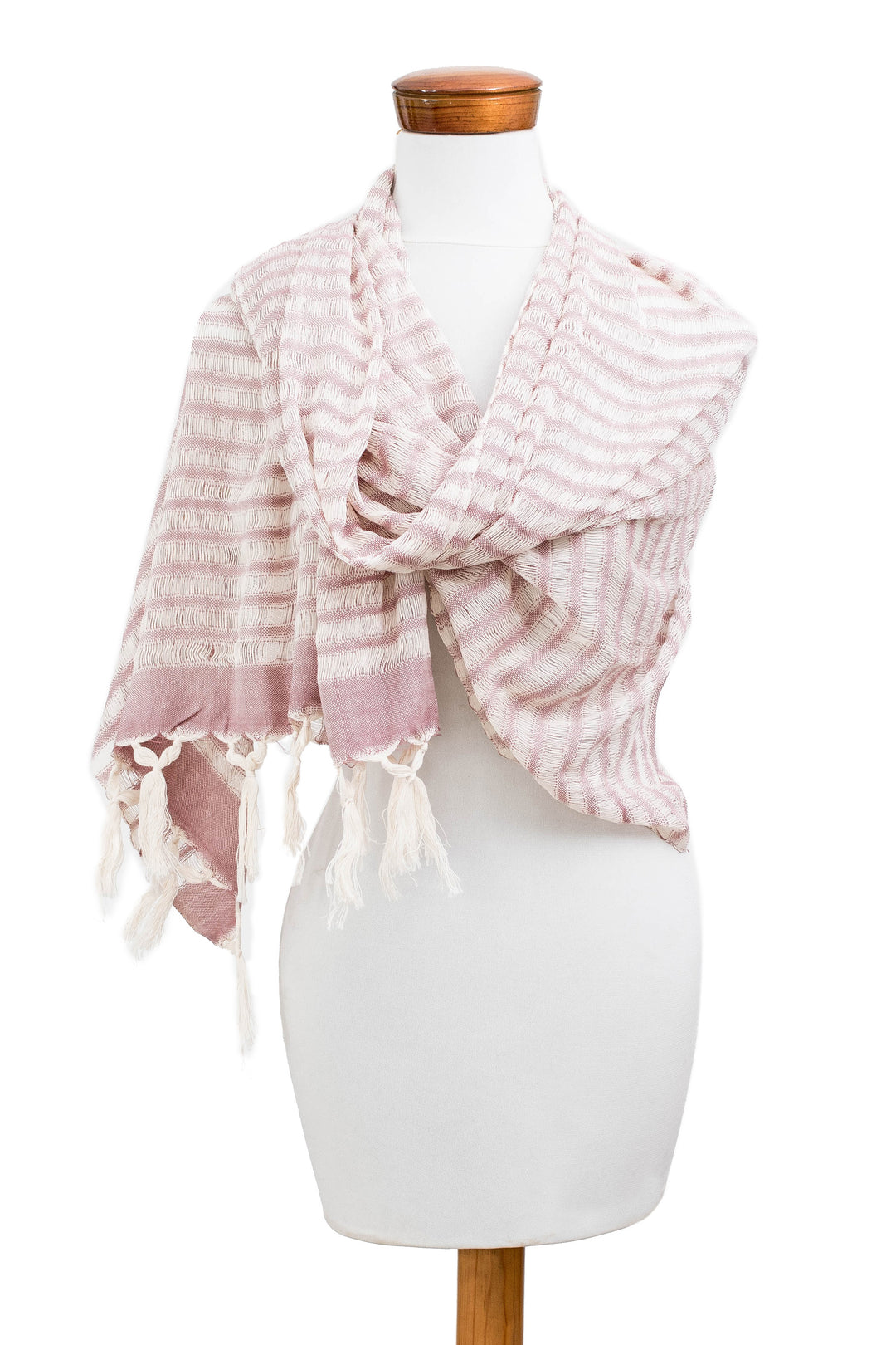 Handloomed Striped Fringed Cotton Scarf in Ivory and Pink - Weaving Glamour