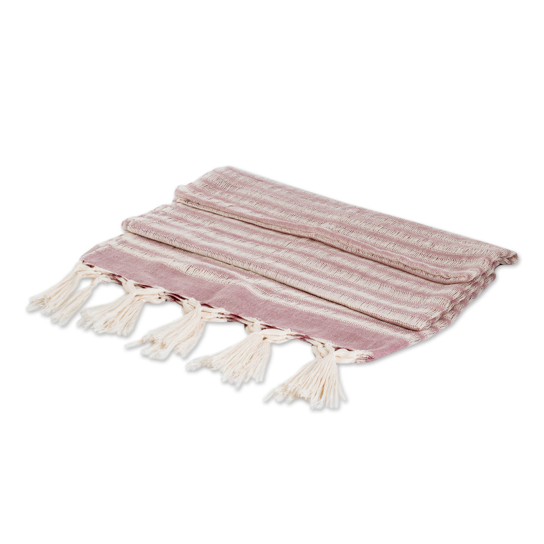 Handloomed Striped Fringed Cotton Scarf in Ivory and Pink - Weaving Glamour