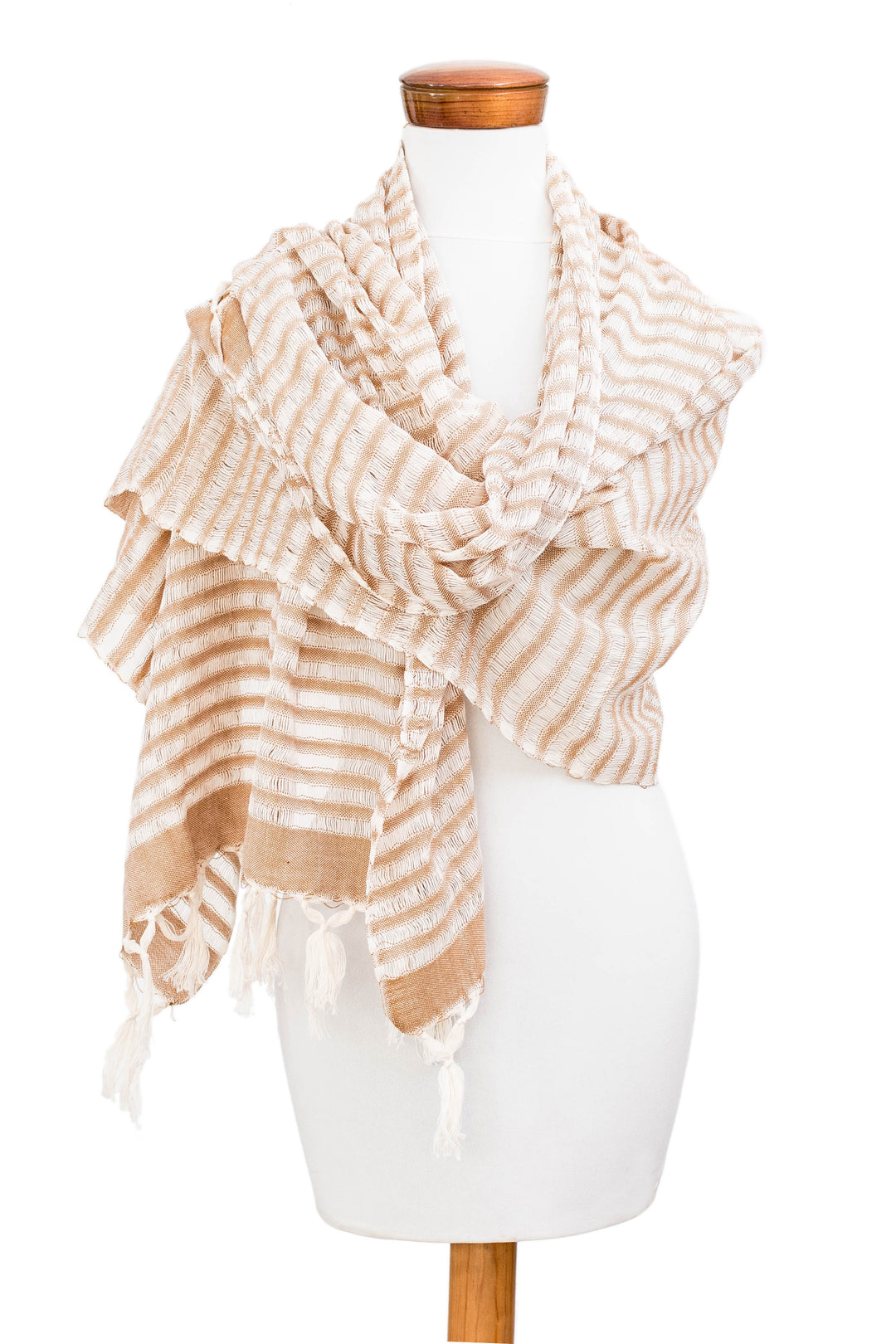Handwoven Brown Ivory Cotton Scarf with Stripes and Fringes - Weaving Style
