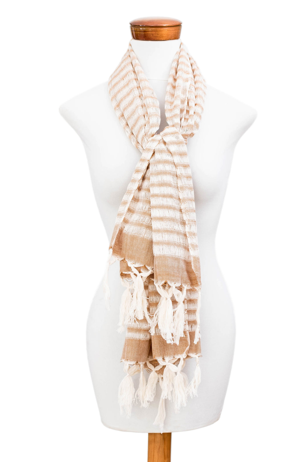 Handwoven Brown Ivory Cotton Scarf with Stripes and Fringes - Weaving Style
