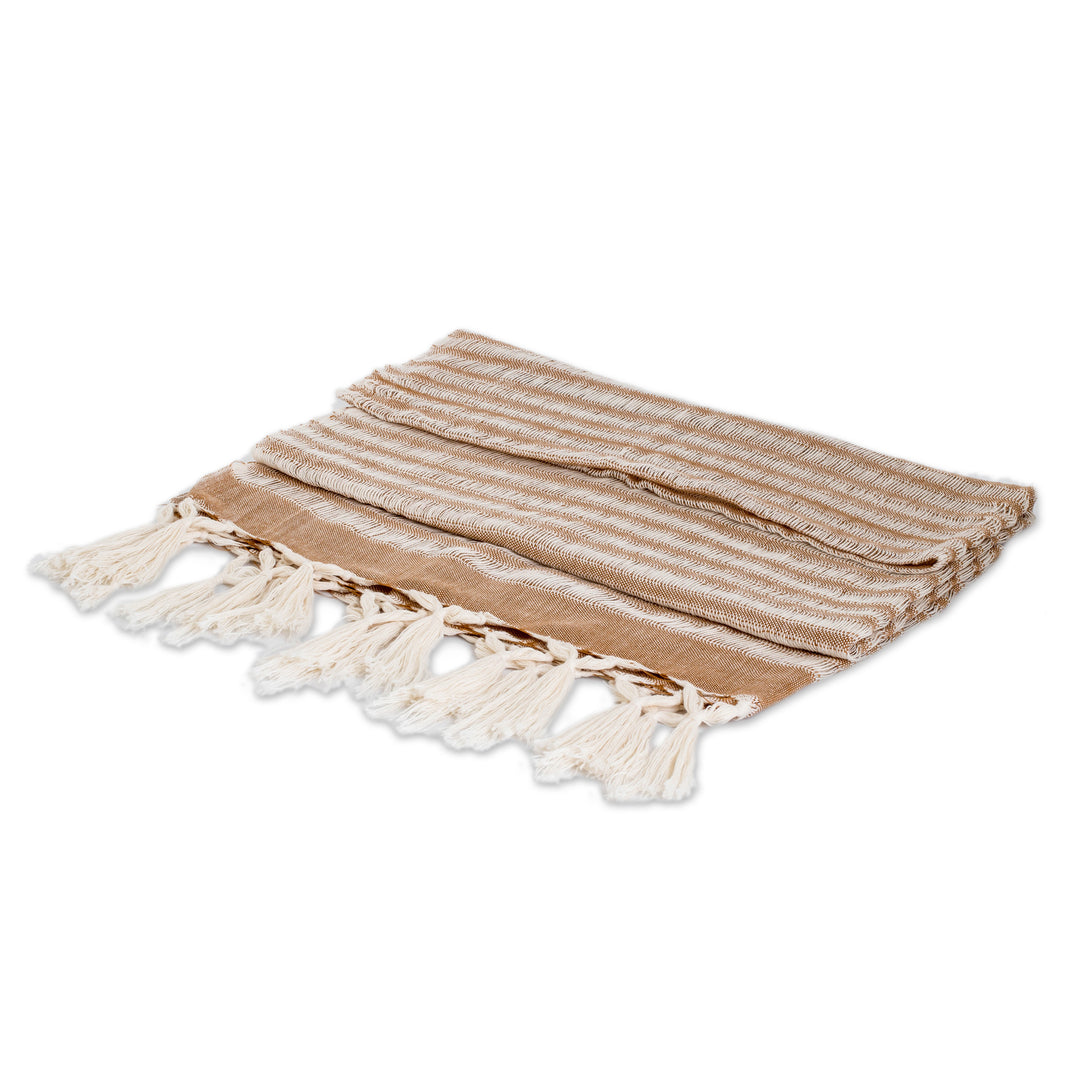 Handwoven Brown Ivory Cotton Scarf with Stripes and Fringes - Weaving Style