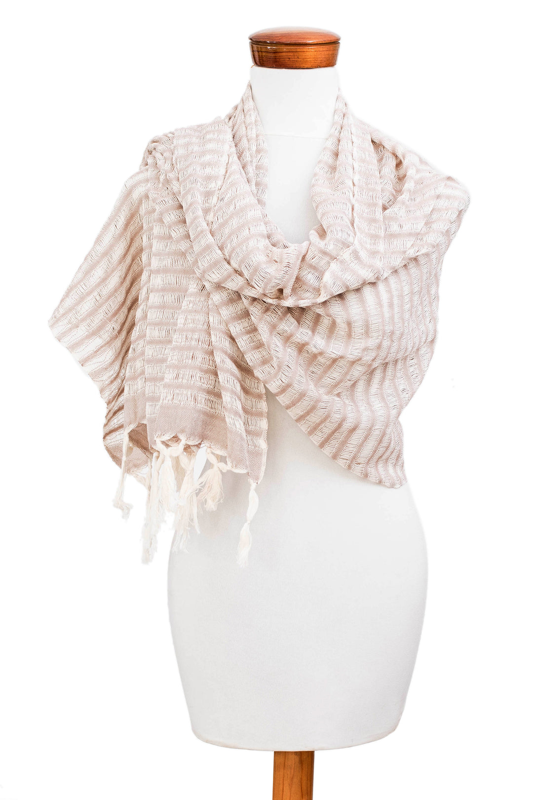 Striped Hand-Woven Beige and Ivory Cotton Scarf with Fringe - Weaving Flair