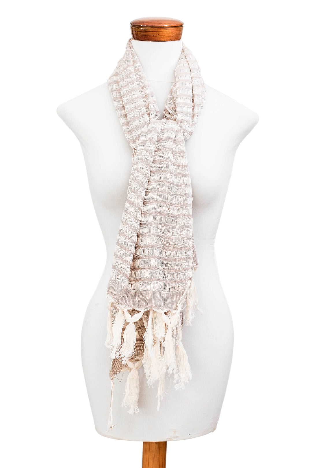 Striped Hand-Woven Beige and Ivory Cotton Scarf with Fringe - Weaving Flair