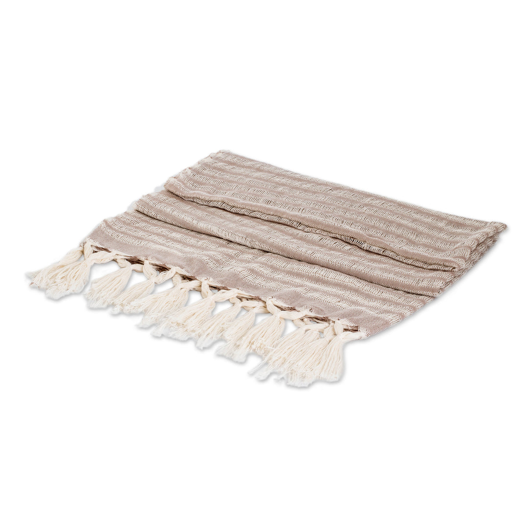 Striped Hand-Woven Beige and Ivory Cotton Scarf with Fringe - Weaving Flair
