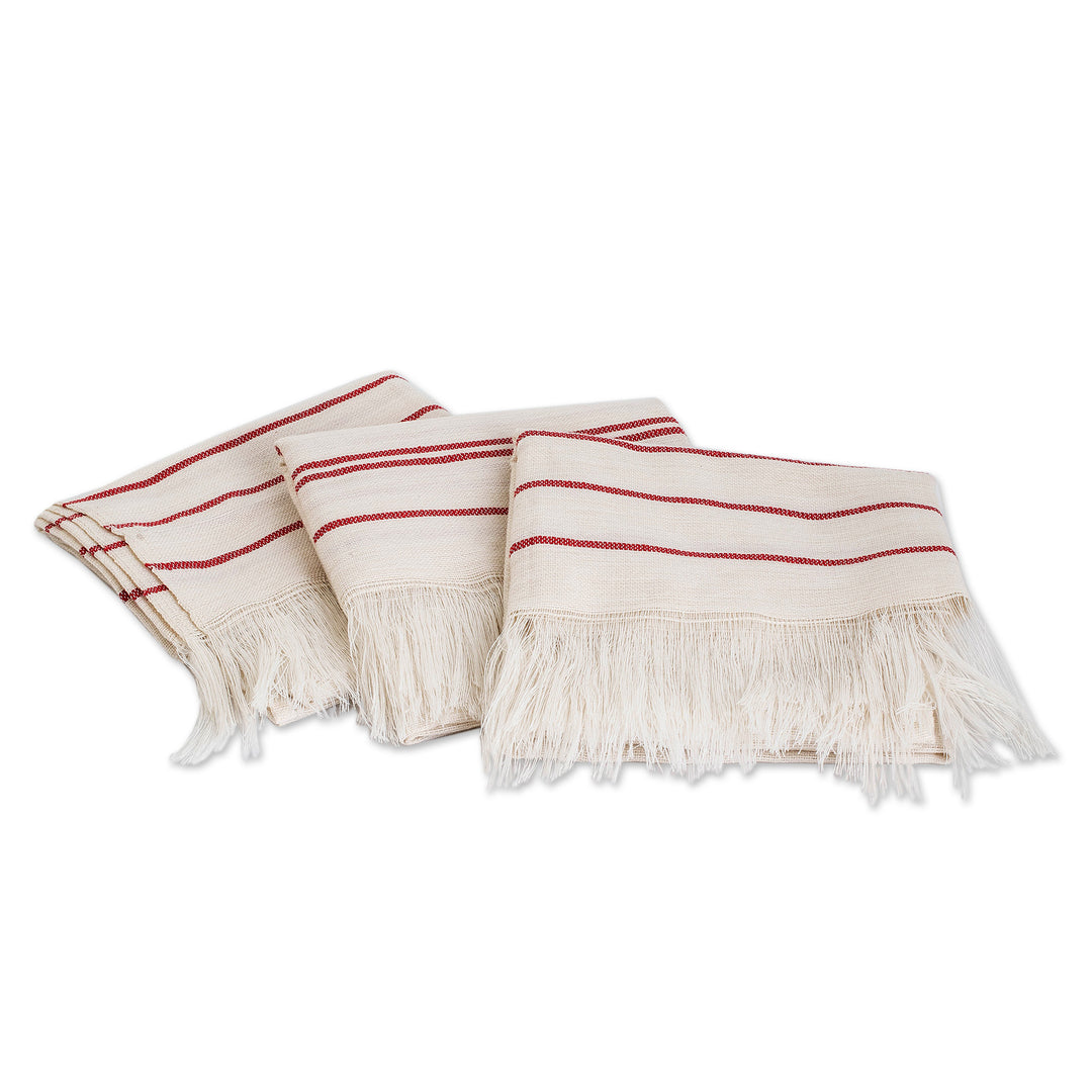 3 Ivory Red Striped Cotton Napkins Handwoven in El Salvador - Table Charm