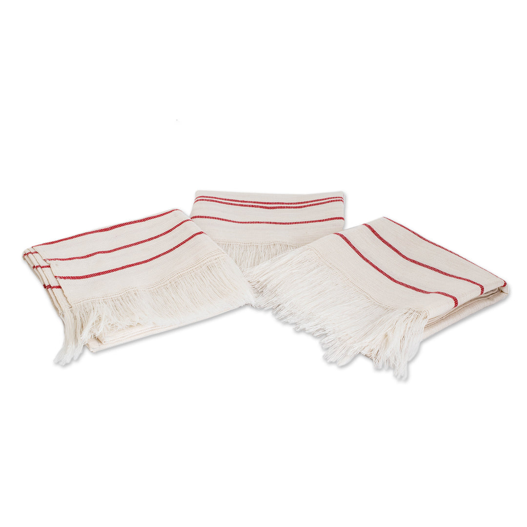 3 Ivory Red Striped Cotton Napkins Handwoven in El Salvador - Table Charm