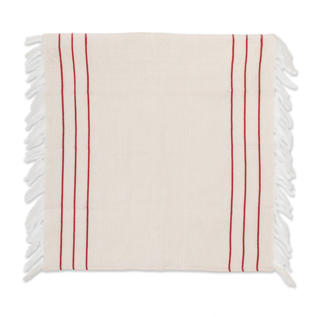 3 Ivory Red Striped Cotton Napkins Handwoven in El Salvador - Table Charm