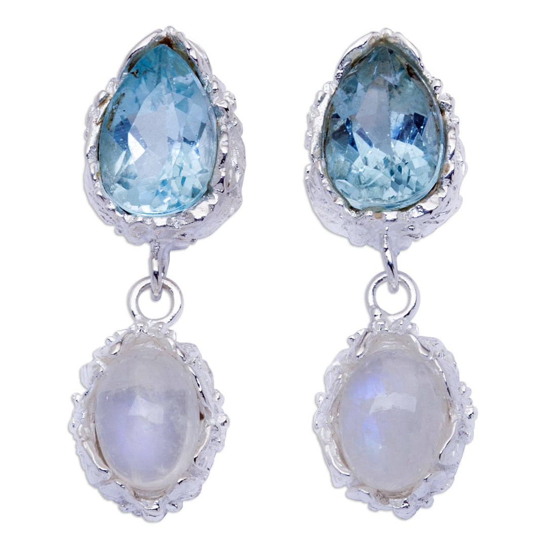 One-Carat Blue Topaz and Rainbow Moonstone Dangle Earrings - Celestial Dream