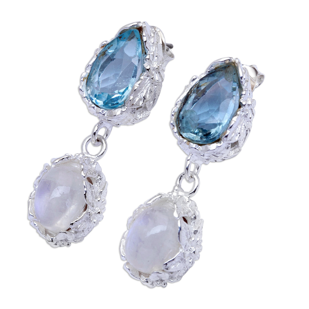 One-Carat Blue Topaz and Rainbow Moonstone Dangle Earrings - Celestial Dream