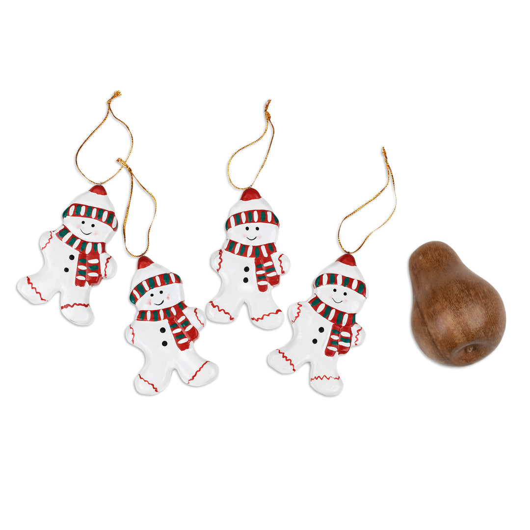 Set of Four Classic Snowman-Themed Albesia Wood Ornaments - Little Snowmen