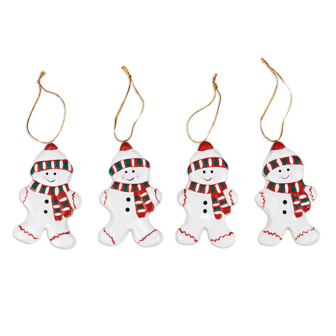 Set of Four Classic Snowman-Themed Albesia Wood Ornaments - Little Snowmen