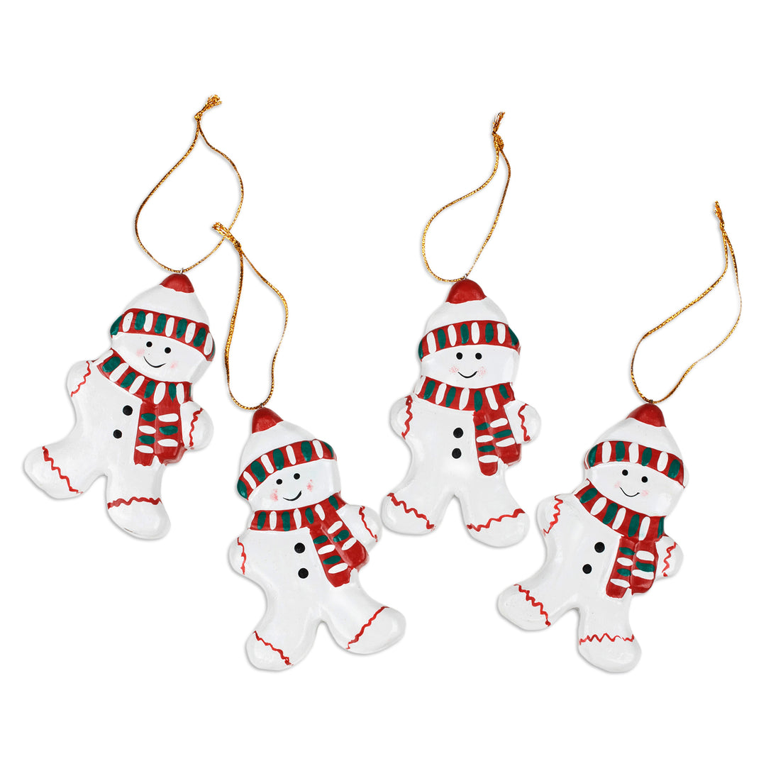 Set of Four Classic Snowman-Themed Albesia Wood Ornaments - Little Snowmen