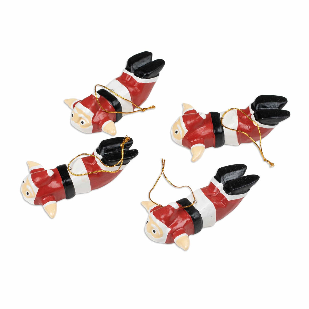 Balinese-Made Set of 4 Airplane Santa Albesia Wood Ornaments - Flying Santa