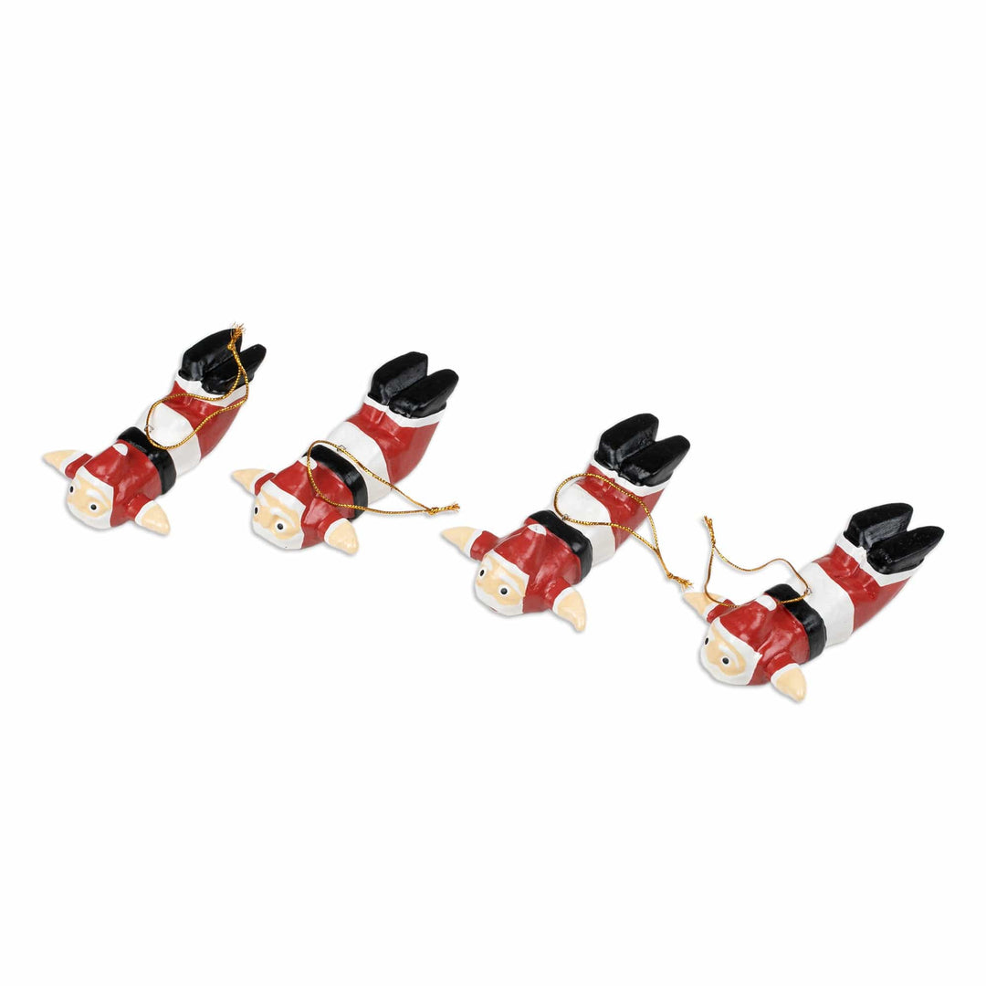 Balinese-Made Set of 4 Airplane Santa Albesia Wood Ornaments - Flying Santa