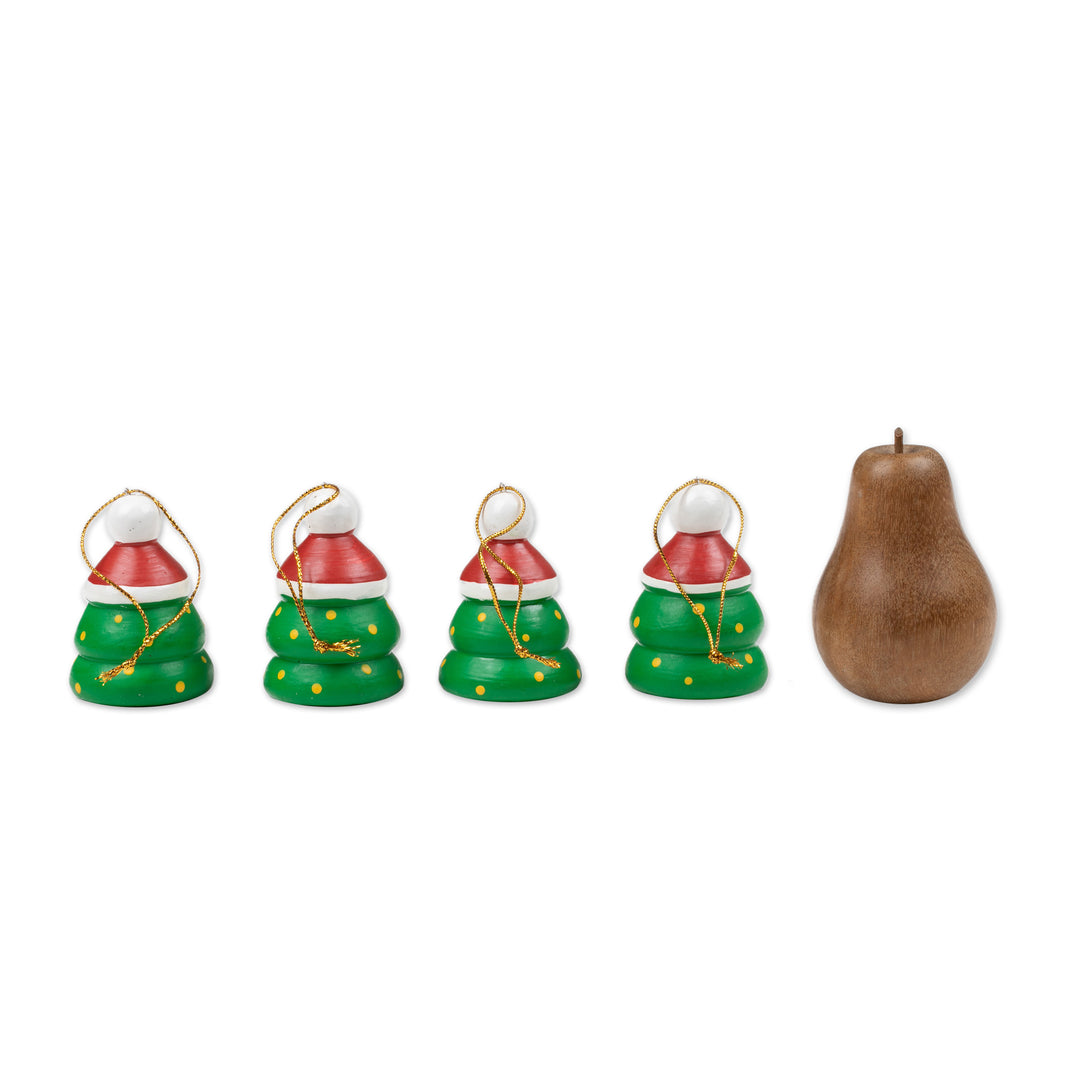 Christmas-Themed Set of 4 Albesia Wood Santa Pine Ornaments - Santa Pines