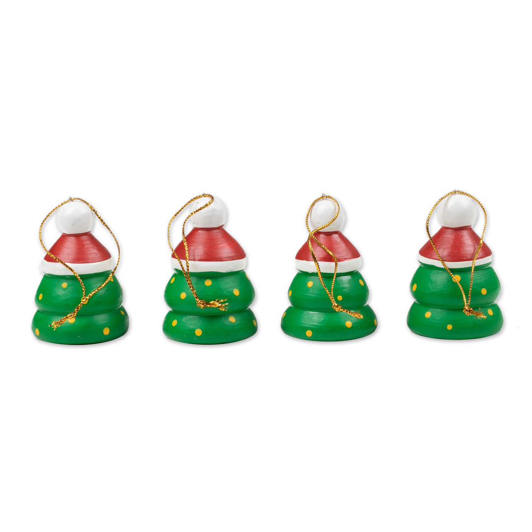 Christmas-Themed Set of 4 Albesia Wood Santa Pine Ornaments - Santa Pines