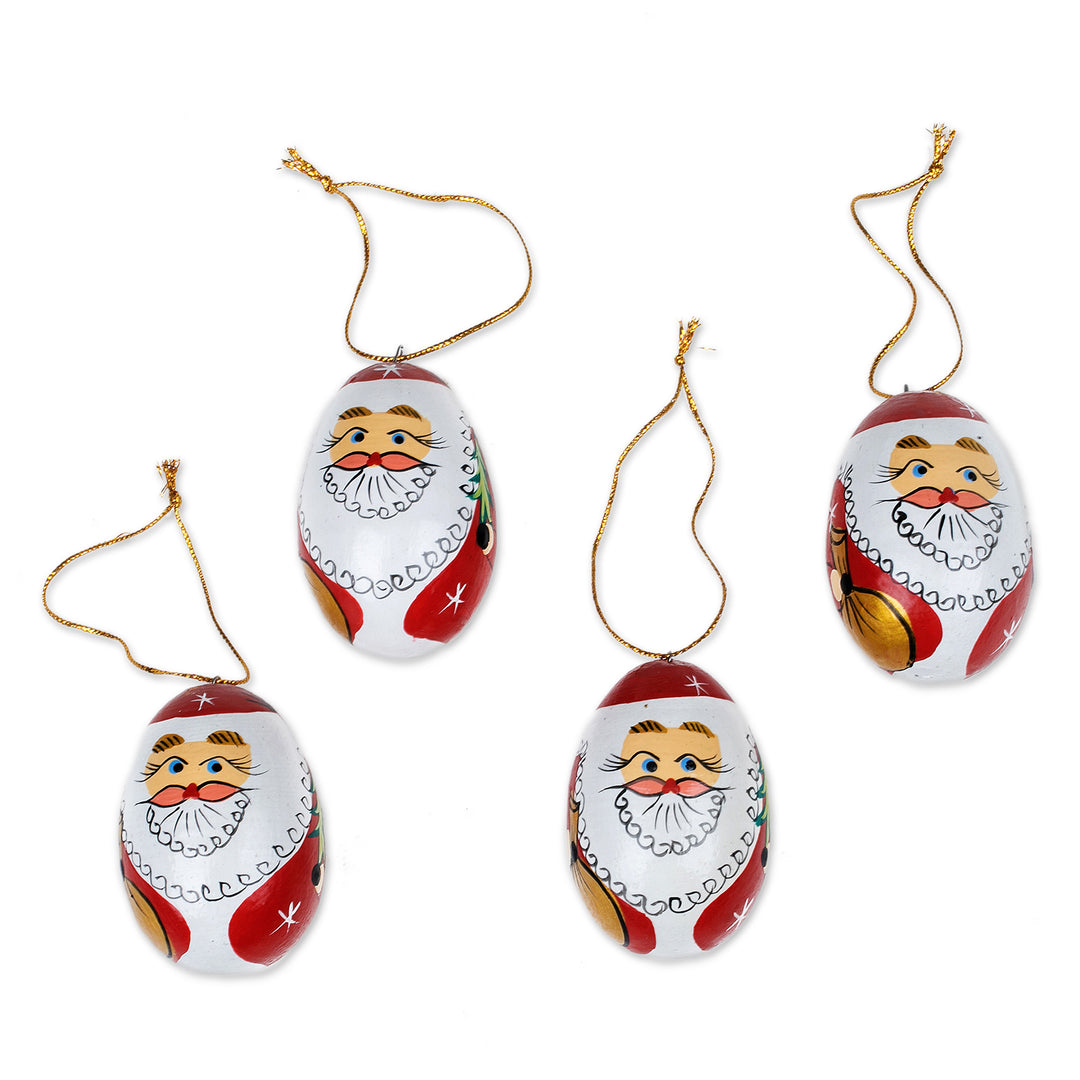 Classic Set of 4 Egg-Shaped Albesia Wood Santa Ornaments - Eggy Claus