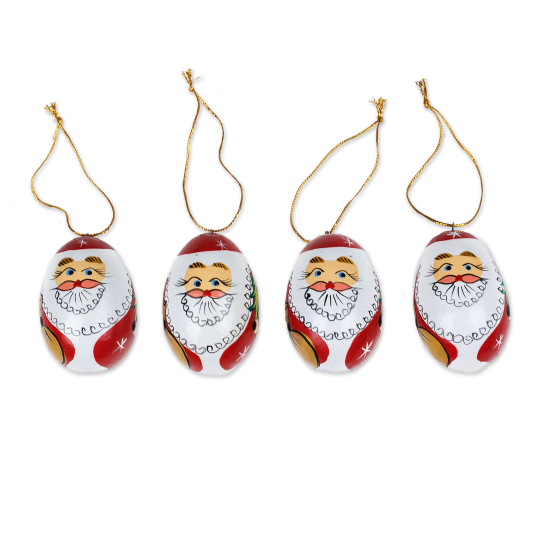Classic Set of 4 Egg-Shaped Albesia Wood Santa Ornaments - Eggy Claus