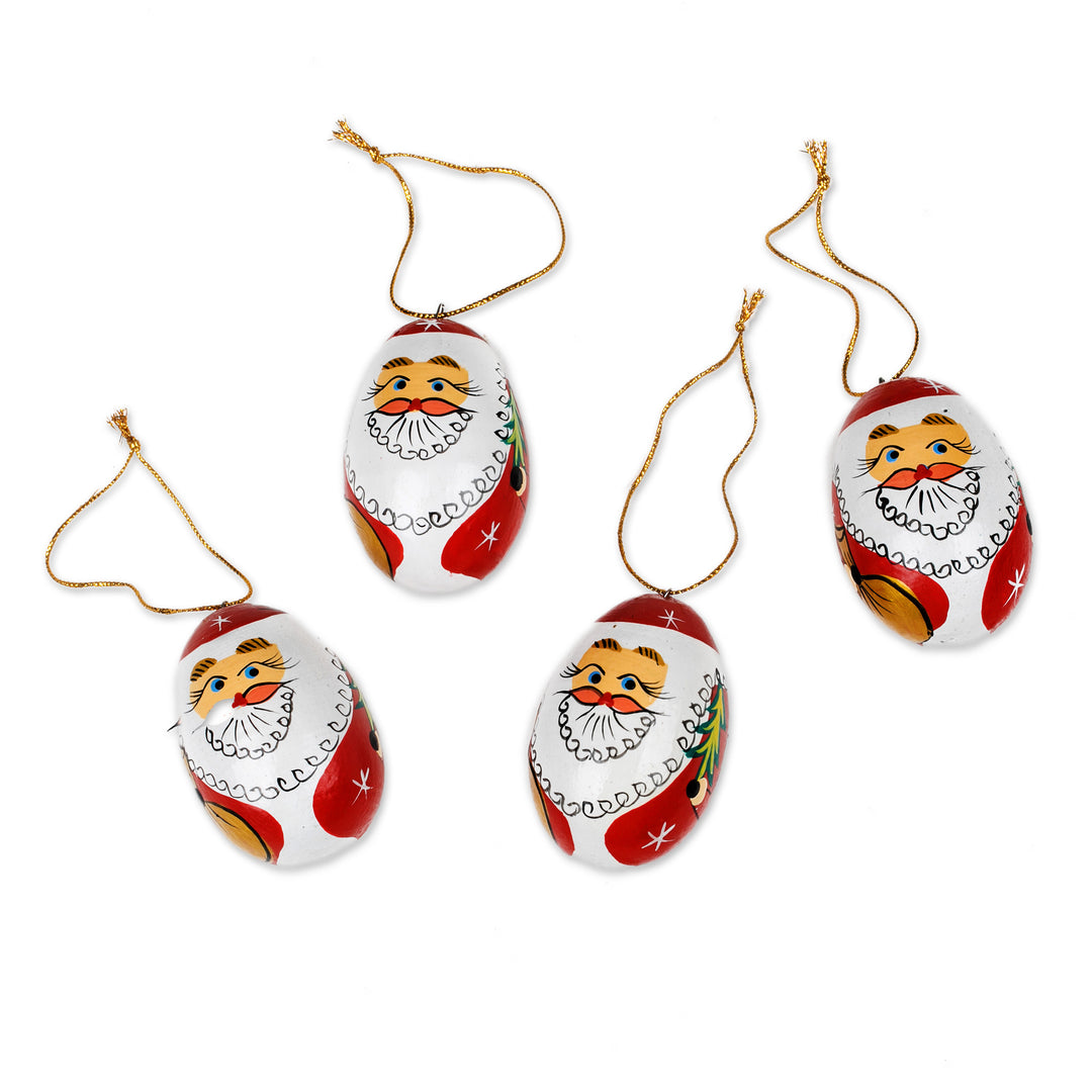 Classic Set of 4 Egg-Shaped Albesia Wood Santa Ornaments - Eggy Claus