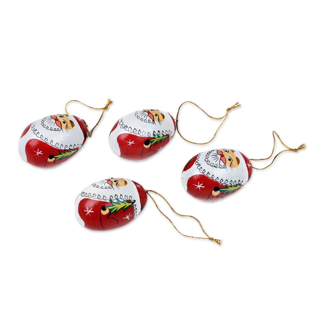 Classic Set of 4 Egg-Shaped Albesia Wood Santa Ornaments - Eggy Claus