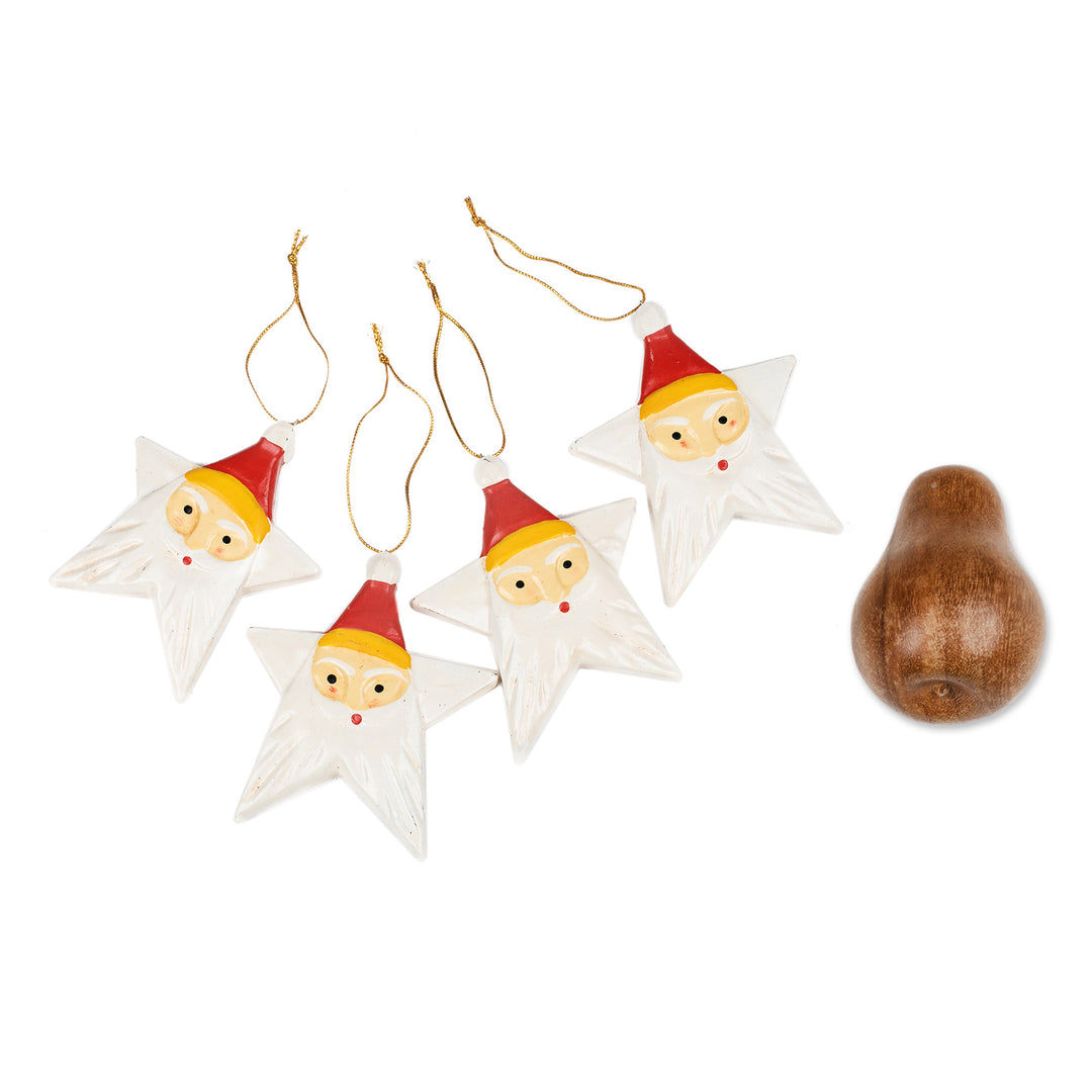 Painted Set of 4 Star-Shaped Albesia Wood Santa Ornaments - Santa Constellation