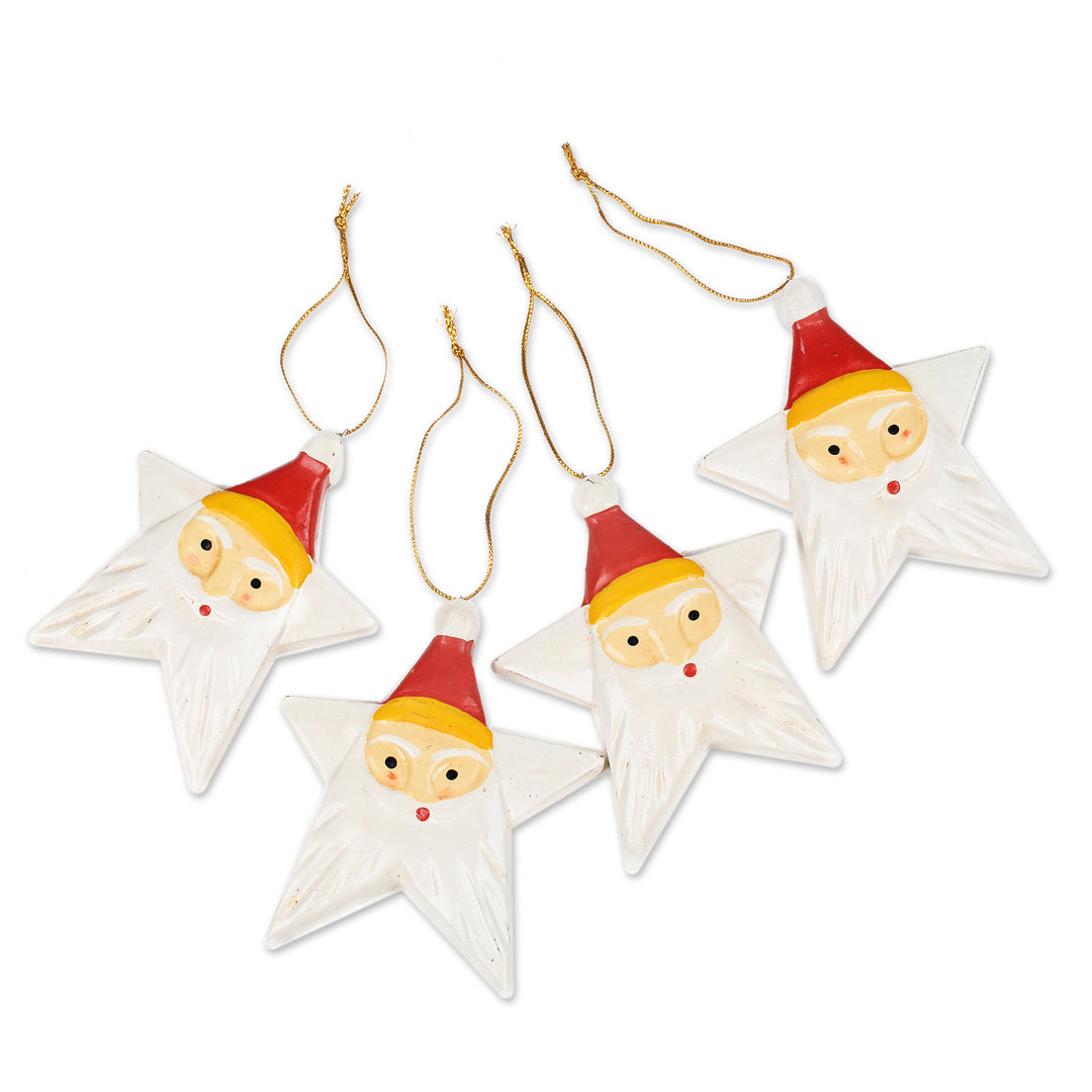 Painted Set of 4 Star-Shaped Albesia Wood Santa Ornaments - Santa Constellation