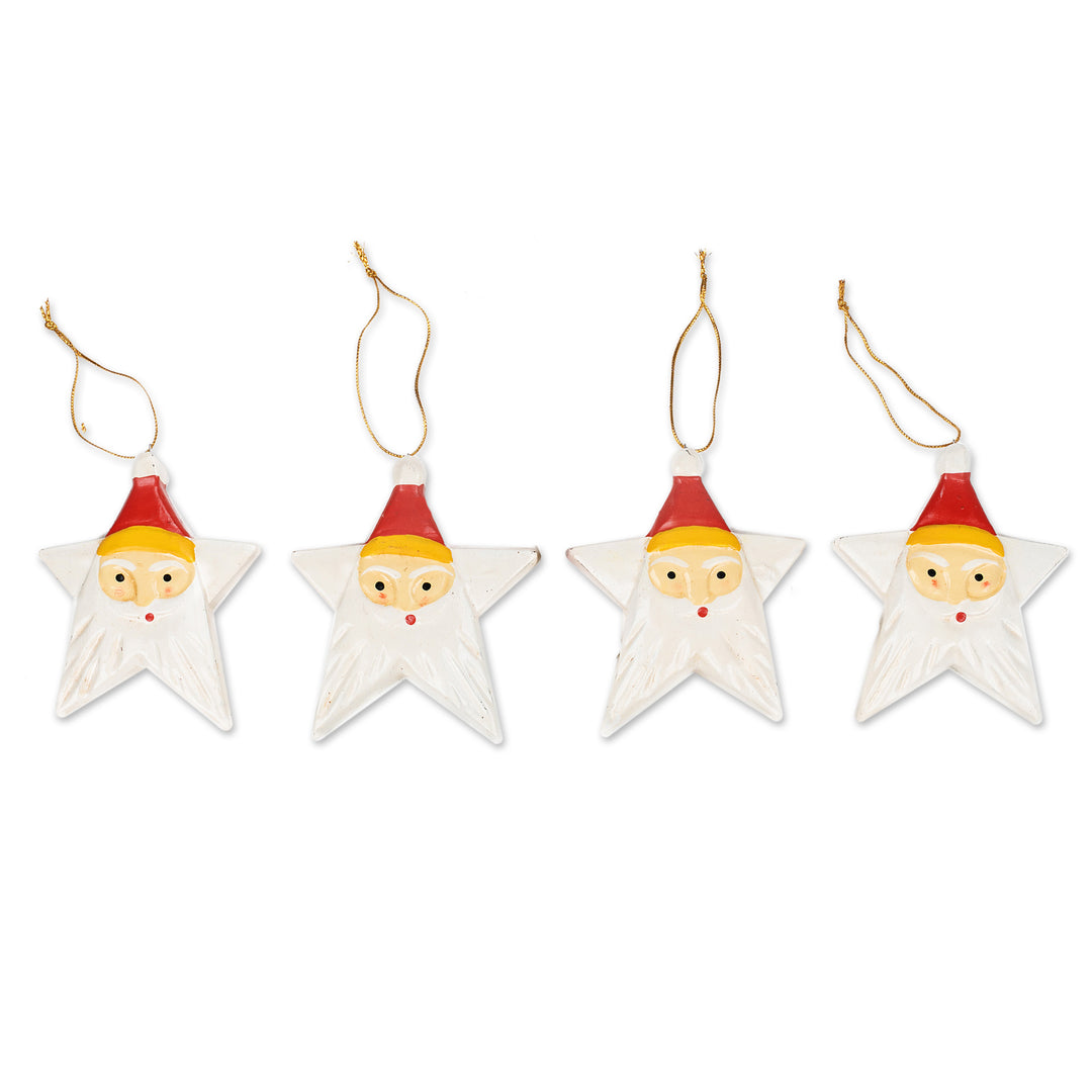 Painted Set of 4 Star-Shaped Albesia Wood Santa Ornaments - Santa Constellation