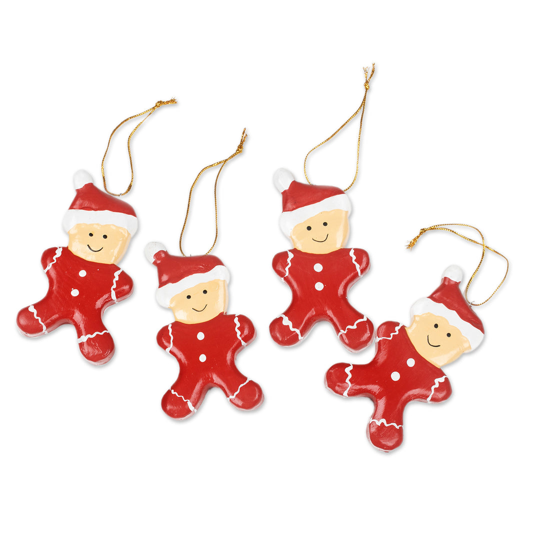 Hand-Painted Set of 4 Red Wood Gingerbread Boy Ornaments - Christmas Pajamas