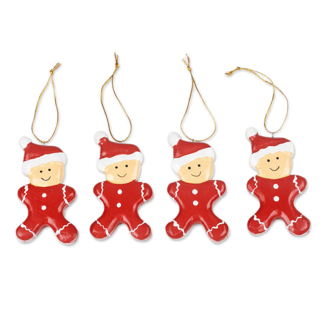 Hand-Painted Set of 4 Red Wood Gingerbread Boy Ornaments - Christmas Pajamas