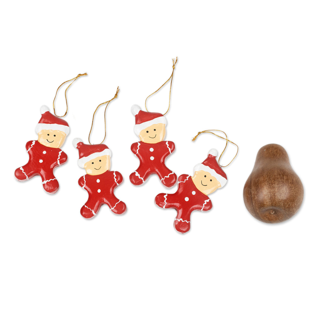 Hand-Painted Set of 4 Red Wood Gingerbread Boy Ornaments - Christmas Pajamas