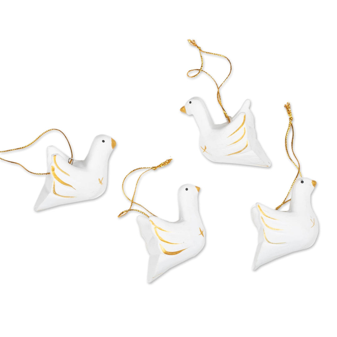 Golden and White 4-Piece Set of Dove-Shaped Wood Ornaments - Paradisial Doves