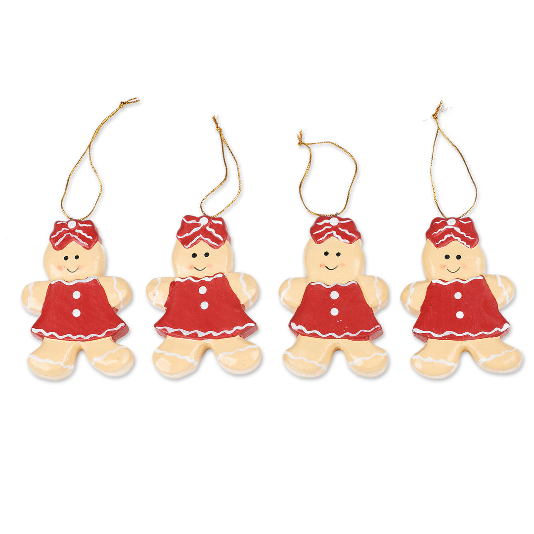 Hand-Painted 4-Piece Wood Ornament Set of Gingerbread Girl - Gingerbread Sweeties
