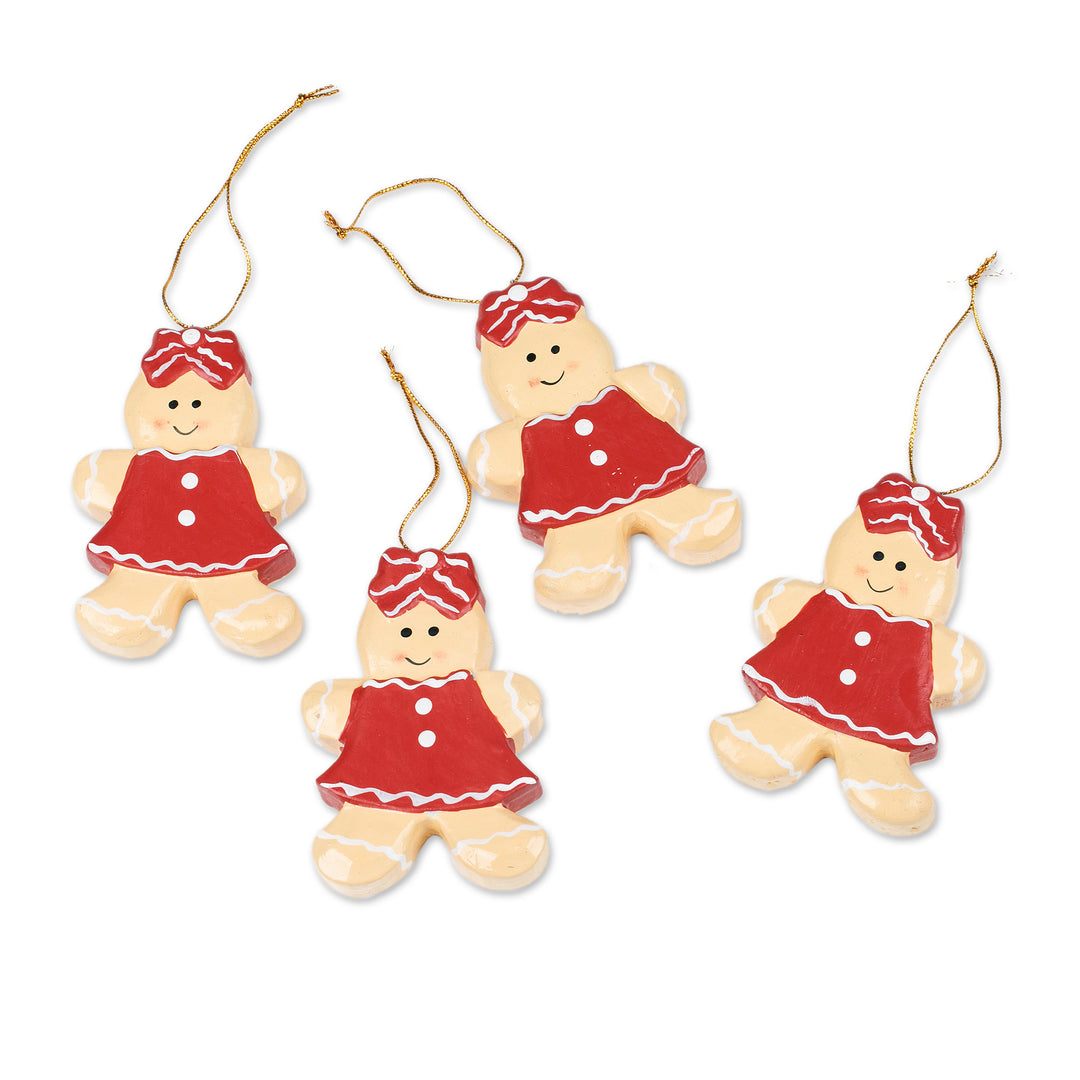 Hand-Painted 4-Piece Wood Ornament Set of Gingerbread Girl - Gingerbread Sweeties