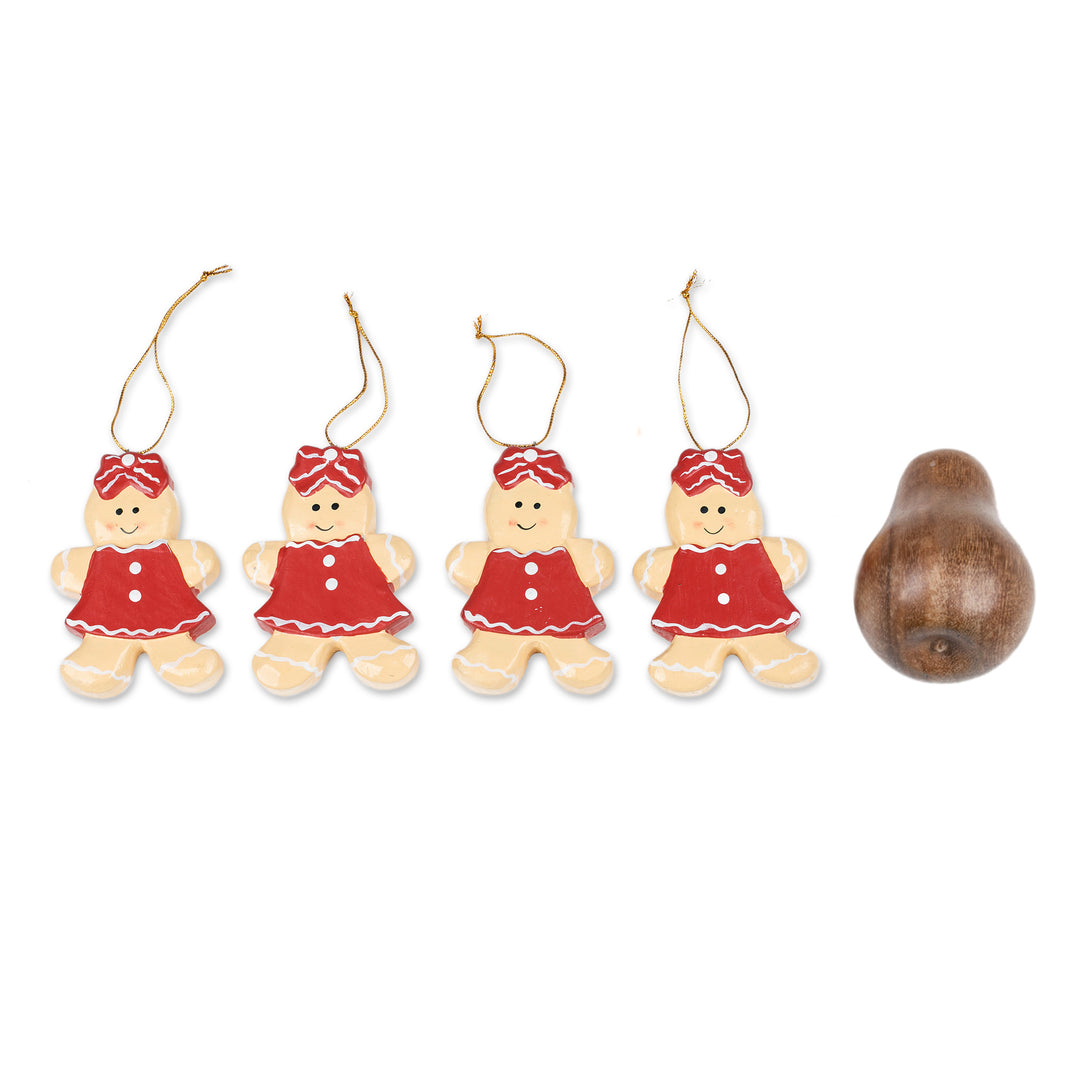 Hand-Painted 4-Piece Wood Ornament Set of Gingerbread Girl - Gingerbread Sweeties