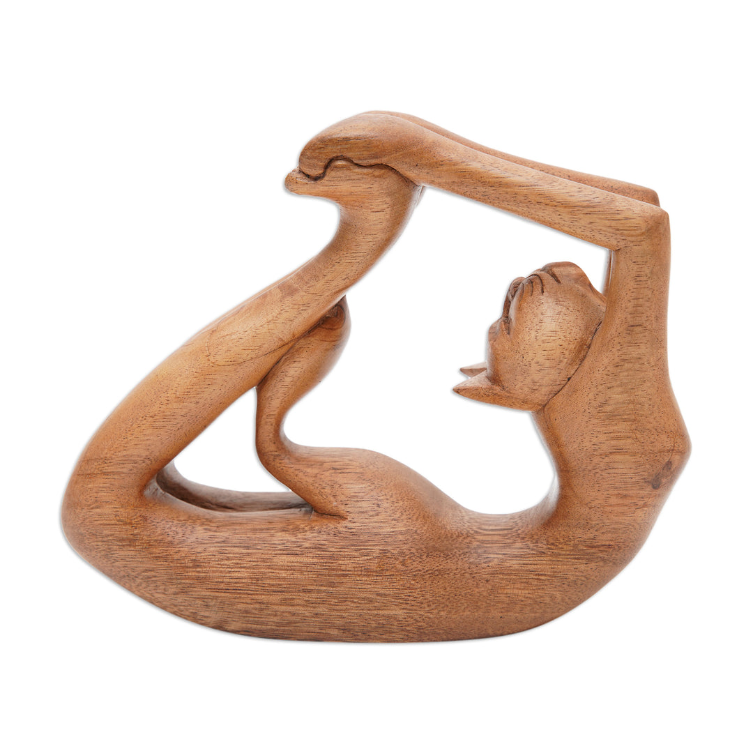 Suar Wood Sculpture of a Cat in Dhanurasana Yoga Pose - Dhanurasana Kitty