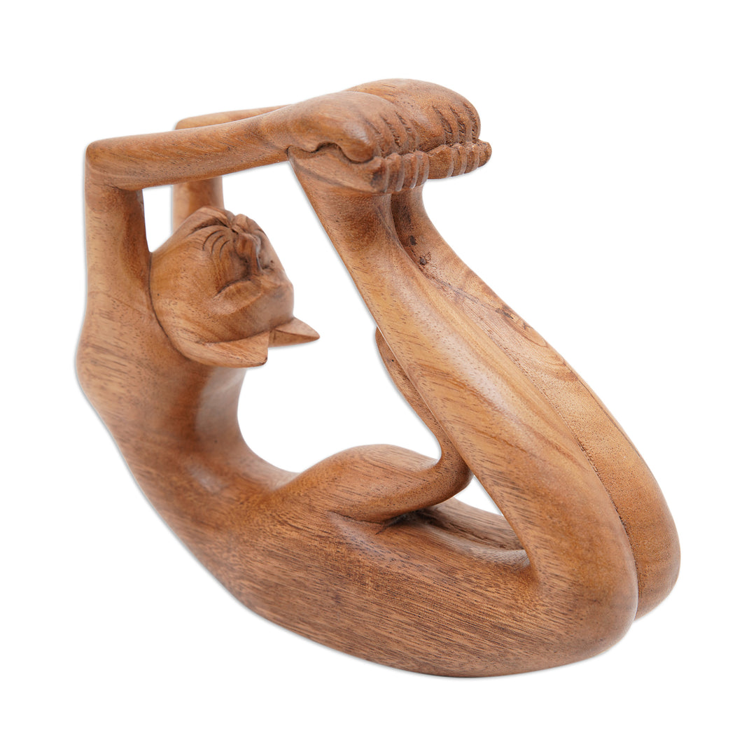 Suar Wood Sculpture of a Cat in Dhanurasana Yoga Pose - Dhanurasana Kitty