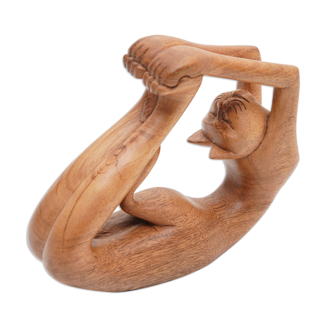 Suar Wood Sculpture of a Cat in Dhanurasana Yoga Pose - Dhanurasana Kitty