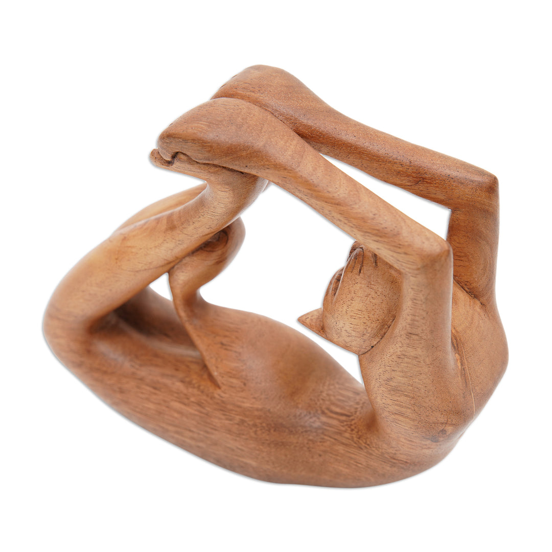 Suar Wood Sculpture of a Cat in Dhanurasana Yoga Pose - Dhanurasana Kitty