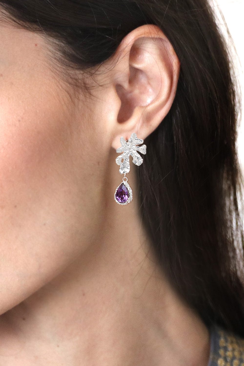 Balinese Leaf-Shaped Three-Carat Amethyst Dangle Earrings - Wise Staghorn
