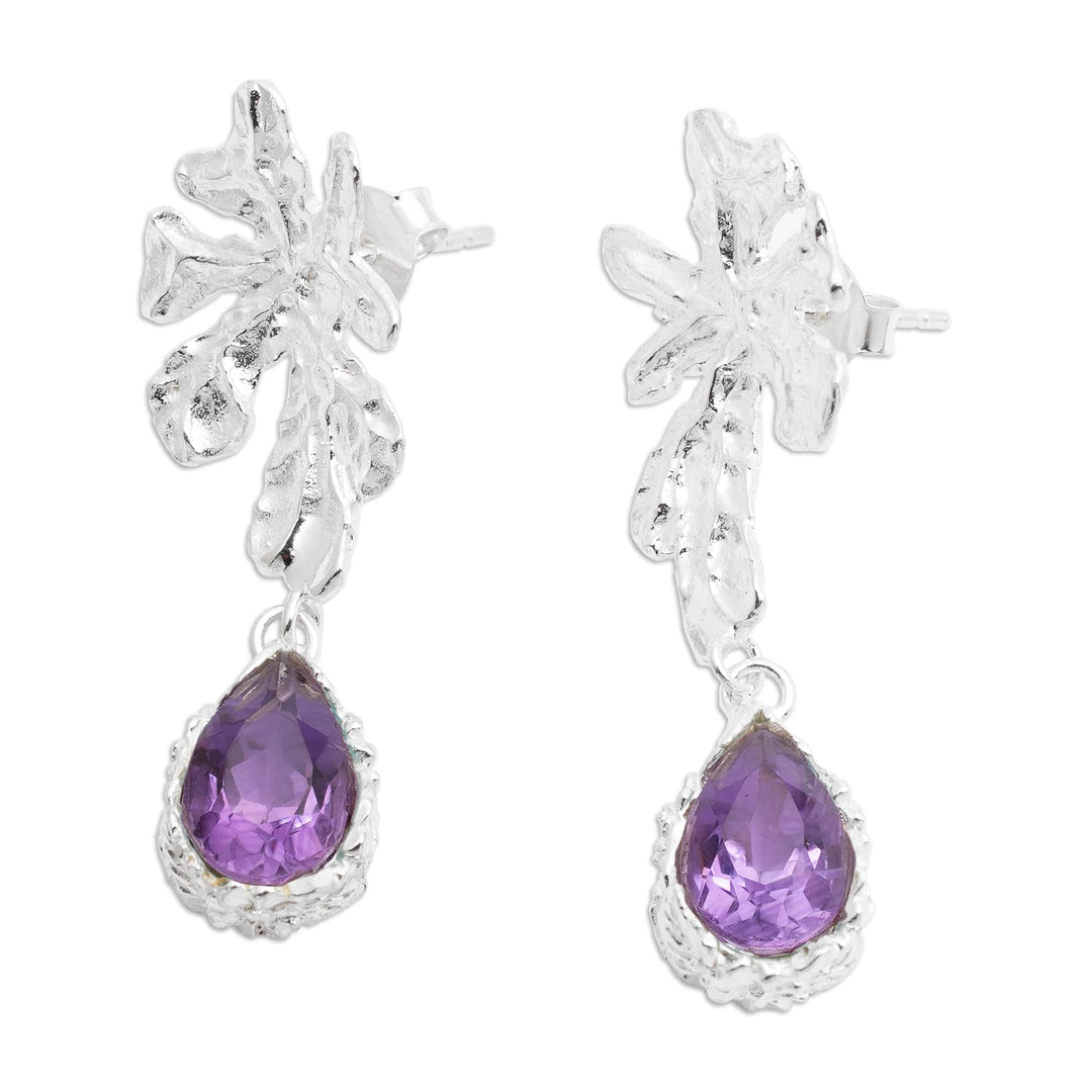 Balinese Leaf-Shaped Three-Carat Amethyst Dangle Earrings - Wise Staghorn