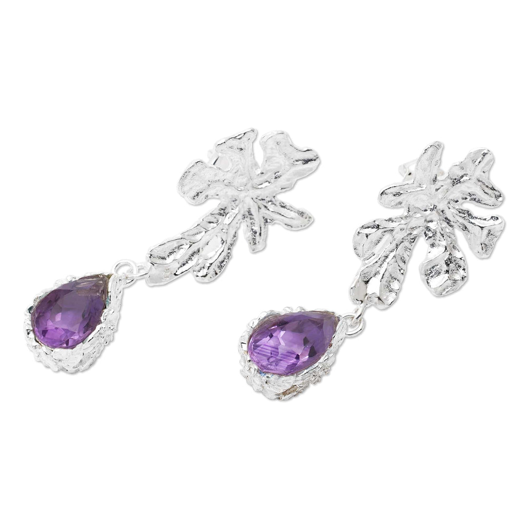 Balinese Leaf-Shaped Three-Carat Amethyst Dangle Earrings - Wise Staghorn