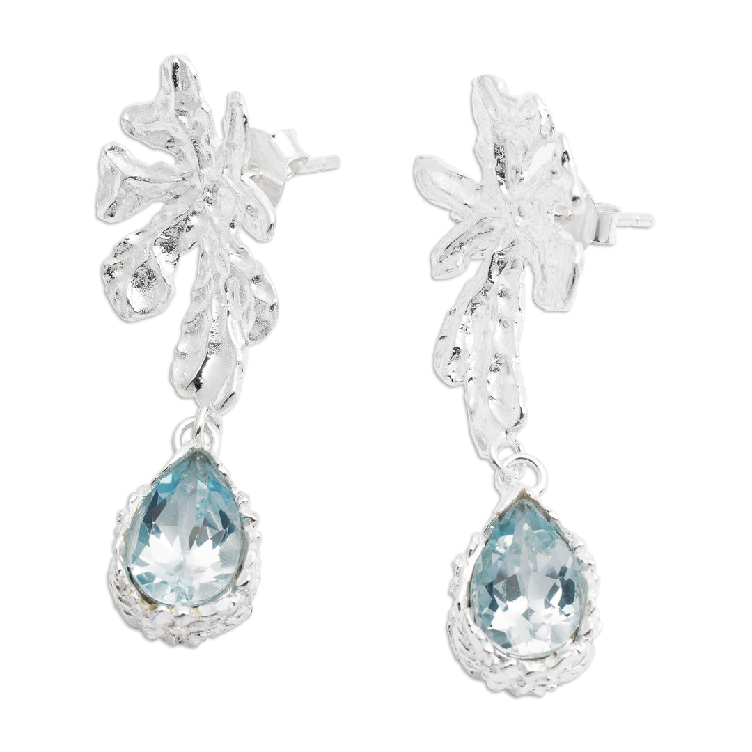Leaf-Themed Five-Carat Blue Topaz Dangle Earrings from Bali - Loyal Staghorn
