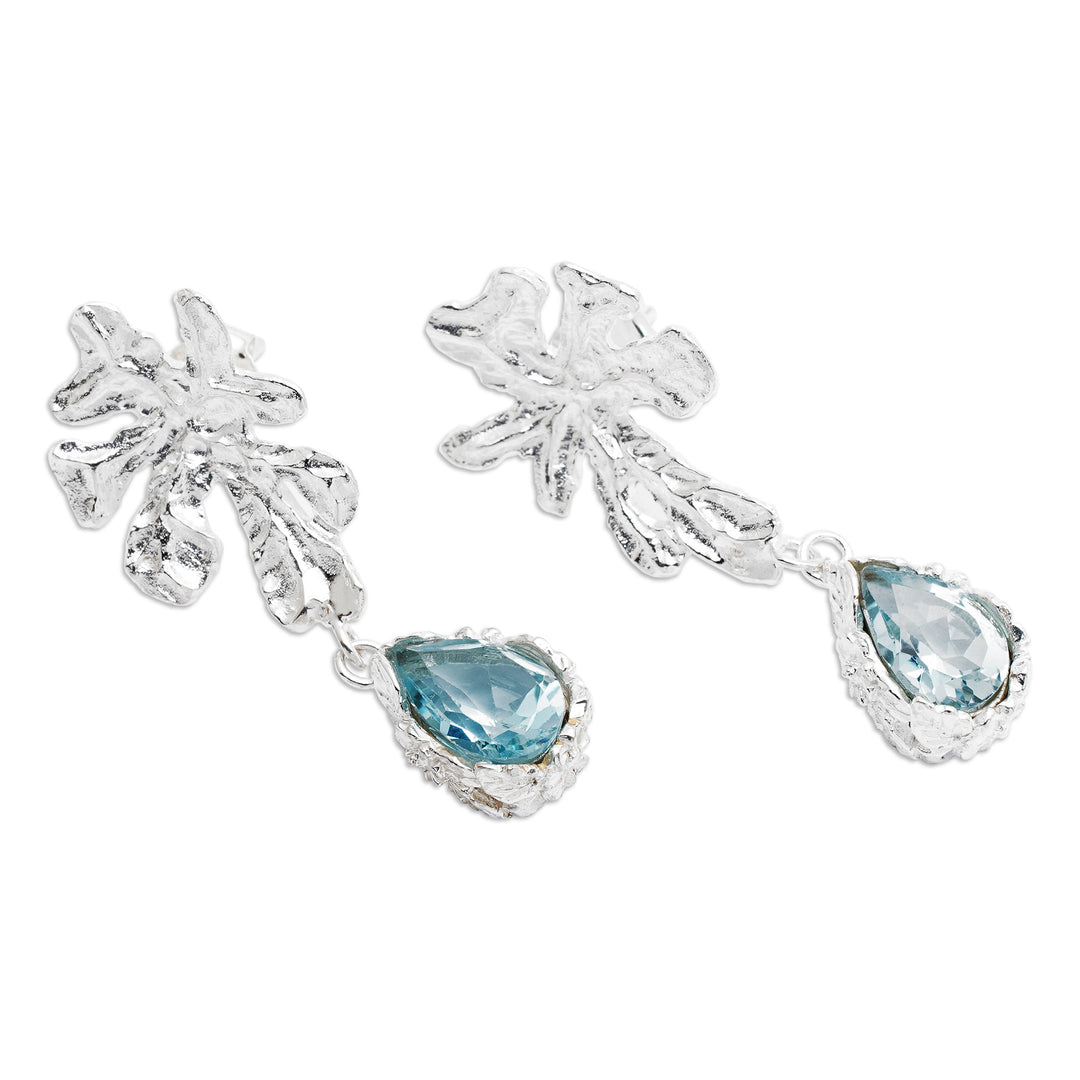 Leaf-Themed Five-Carat Blue Topaz Dangle Earrings from Bali - Loyal Staghorn