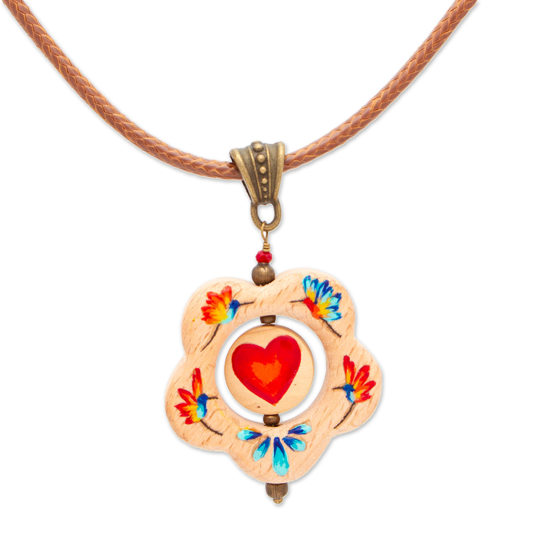 Hand-Painted Hummingbird Heart Floral Wood Pendant Necklace - Hummingbird Floral Heart