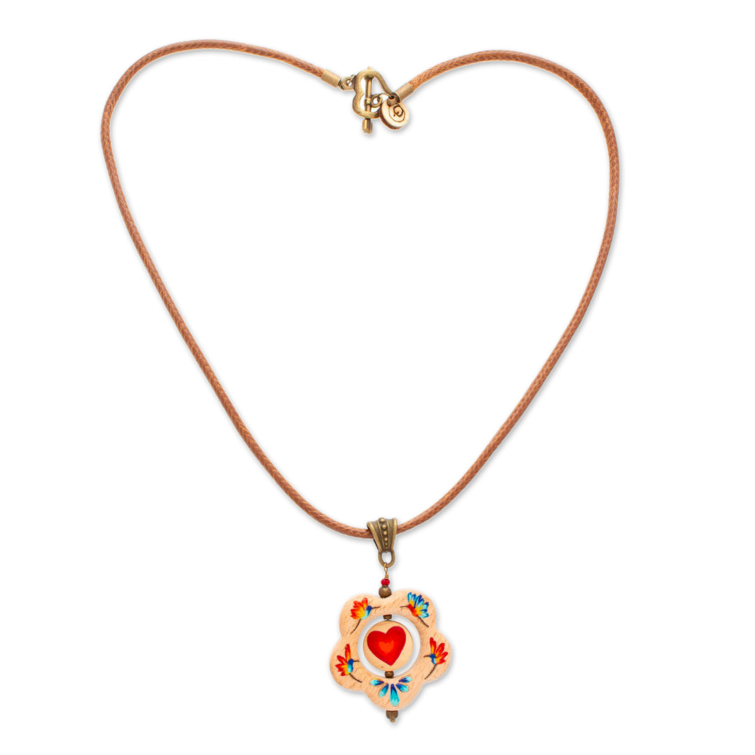 Hand-Painted Hummingbird Heart Floral Wood Pendant Necklace - Hummingbird Floral Heart
