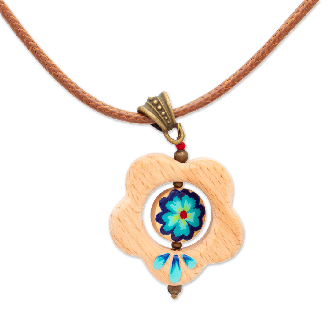 Hand-Painted Hummingbird Heart Floral Wood Pendant Necklace - Hummingbird Floral Heart
