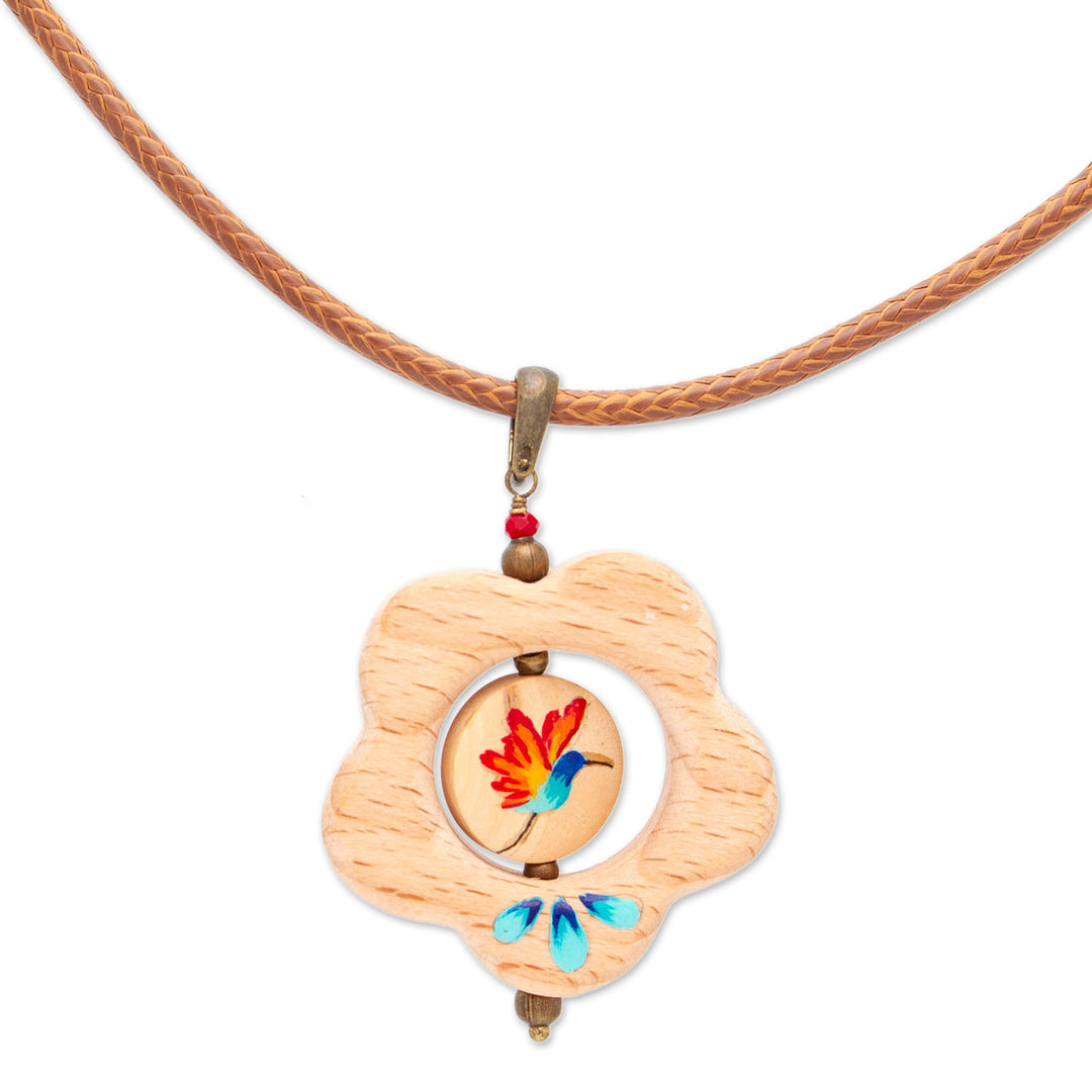 Hummingbird Floral Hand-Painted Wood Pendant Necklace - Hummingbird Bloom